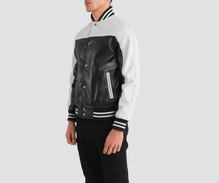 Terrance Black & White Leather Varsity Jacket — Quarter Angle Profile & Sleeve Detail