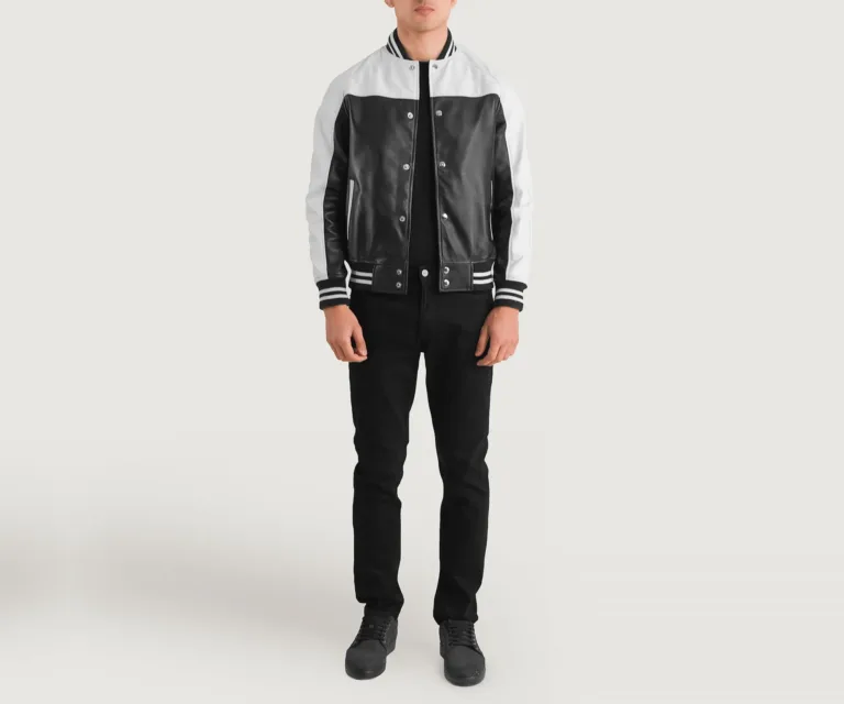 Terrance Black & White Leather Varsity Jacket — Front Placket Snaps & Rib-Knit Collar