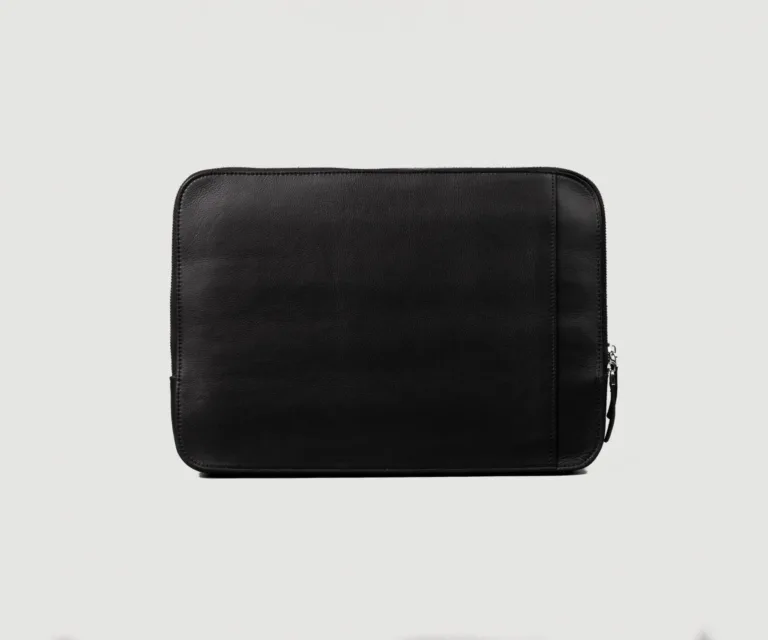 The Baxter Black Leather Laptop Sleeve Luxury Handcrafted Leather Bag — Front Exterior Hero Presentation