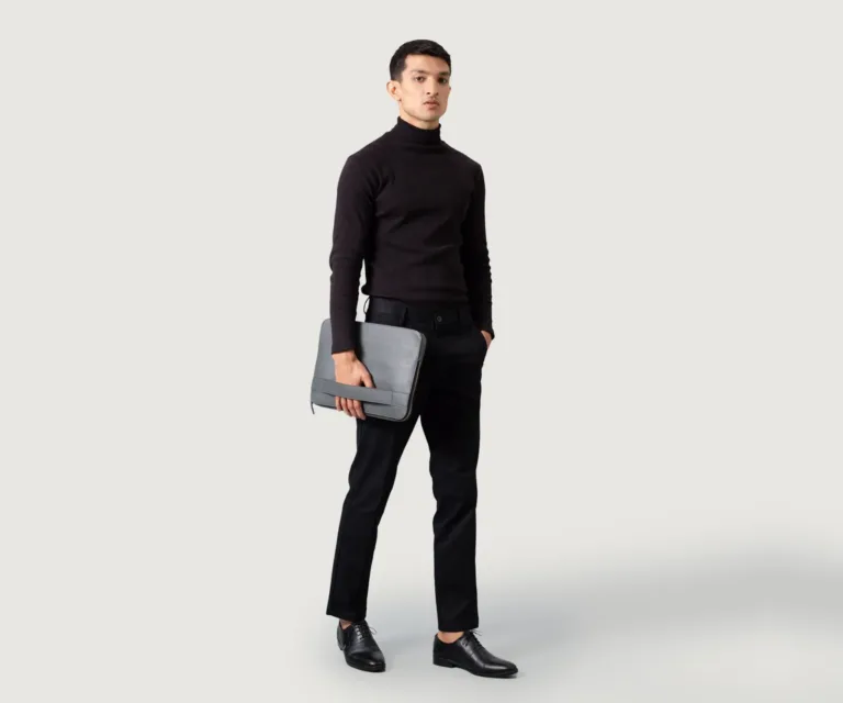 The Baxter Grey Leather Laptop Sleeve — Quarter Angle Perspective