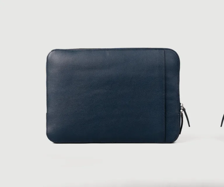 The Baxter Midnight Blue Leather Laptop Sleeve — Hero Presentation