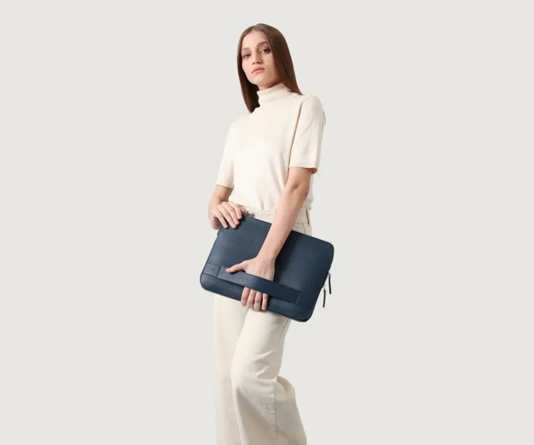 The Baxter Midnight Blue Leather Laptop Sleeve — Quarter Angle Profile Detail