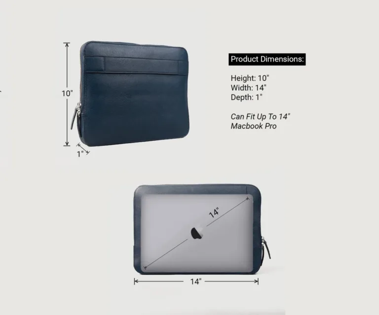 The Baxter Midnight Blue Leather Laptop Sleeve — Front Architectural & Material Detail