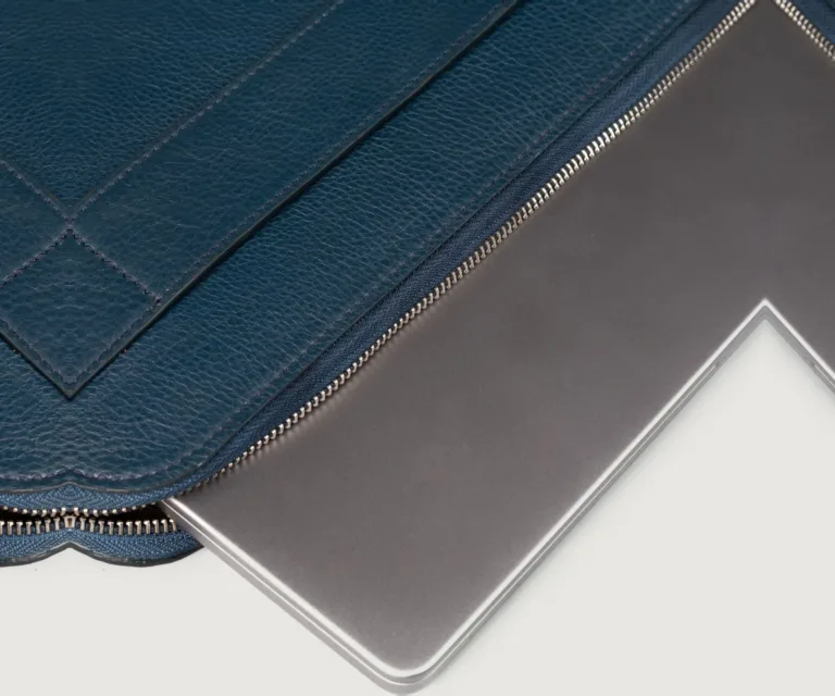 The Baxter Midnight Blue Leather Laptop Sleeve — Macro Detail Grain, Stitching & Hardware