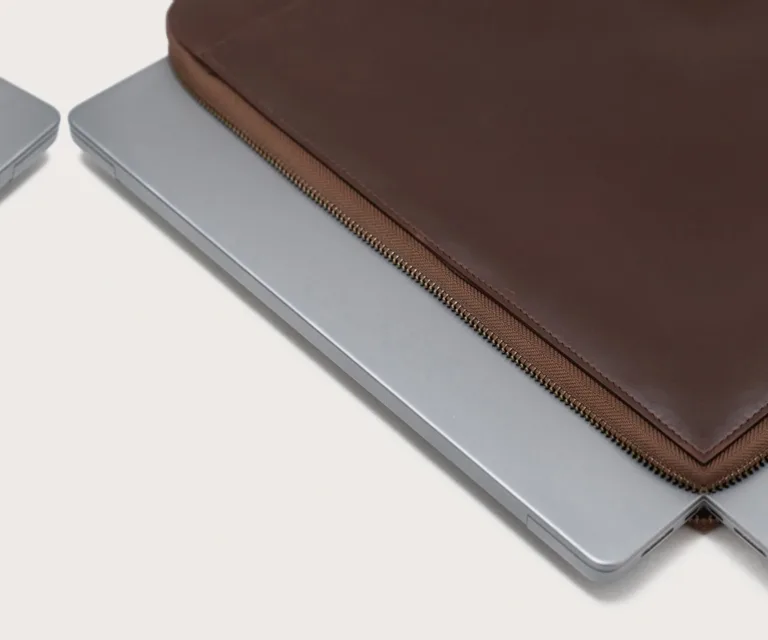 The Baxter Vintage Brown Leather Laptop Sleeve Luxury Handcrafted Leather Bag — Rear Profile & Trolley Strap Reinforcement