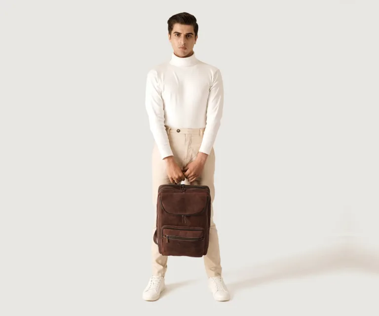 The Bedford Vintage Distressed Brown Leather Backpack Luxury Handcrafted Leather Bag — Three-Quarter Perspective & Silhouette