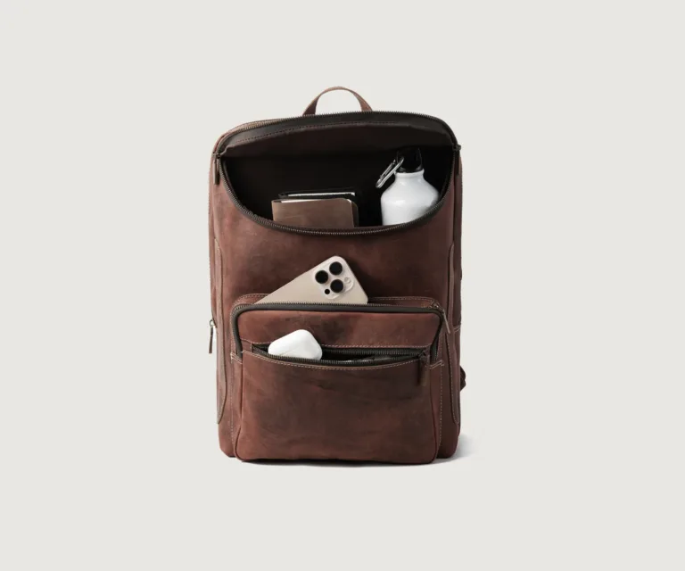 The Bedford Vintage Distressed Brown Leather Backpack Luxury Handcrafted Leather Bag — Rear Profile & Trolley Strap Reinforcement