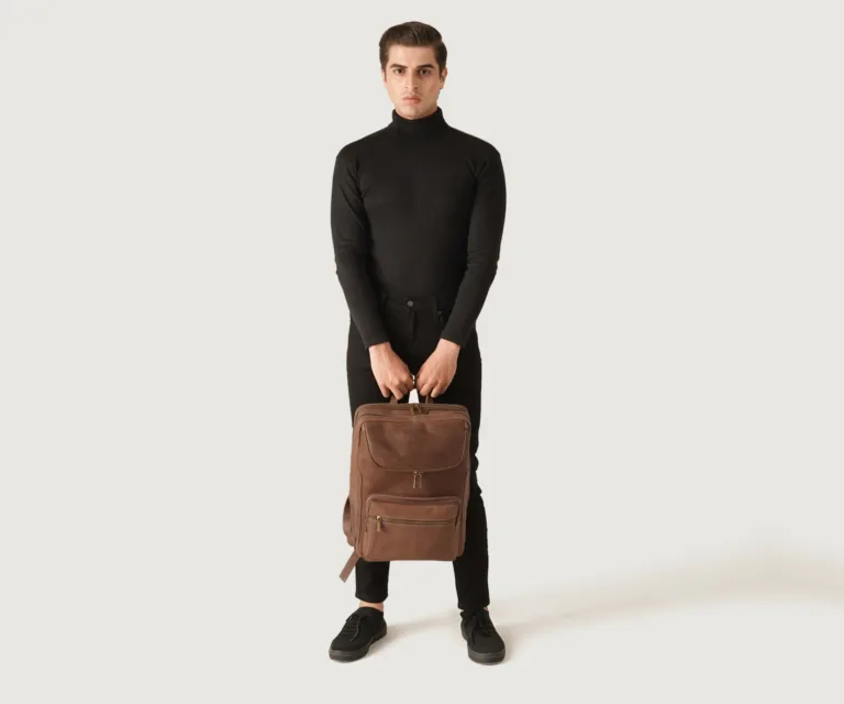 The Bedford Vintage Tan Leather Backpack Luxury Handcrafted Leather Bag — Three-Quarter Perspective & Silhouette