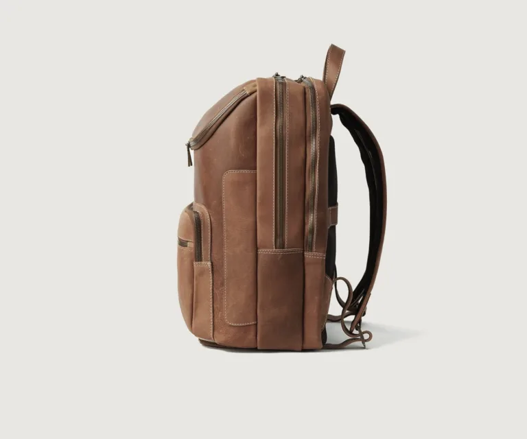 The Bedford Vintage Tan Leather Backpack Luxury Handcrafted Leather Bag — Rear Profile & Trolley Strap Reinforcement