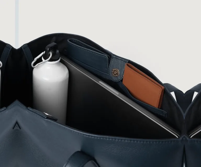 The Bianca Blue Leather Tote Bag Luxury Handcrafted Women's Bag — Scale & Carrying Perspective Presentation