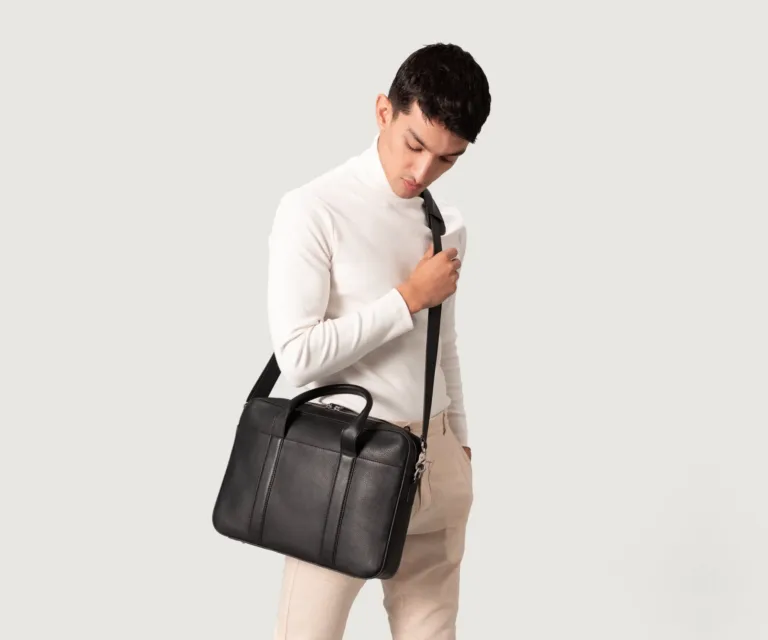 The Captain Black Leather Briefcase Luxury Handcrafted Leather Bag — Three-Quarter Perspective & Silhouette