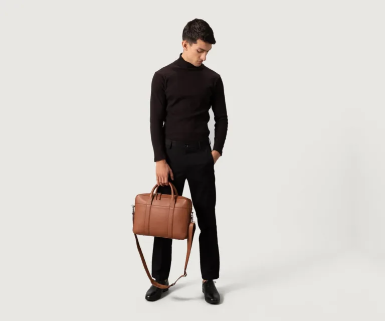 The Captain Brown Leather Briefcase Luxury Handcrafted Leather Bag — Three-Quarter Perspective & Silhouette