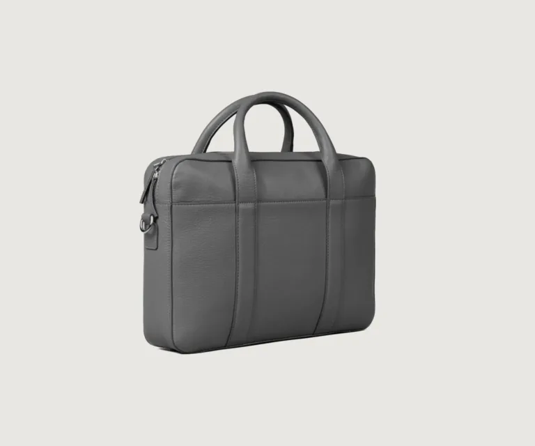 The Captain Grey Leather Briefcase Luxury Handcrafted Leather Bag — Rear Profile & Trolley Strap Reinforcement