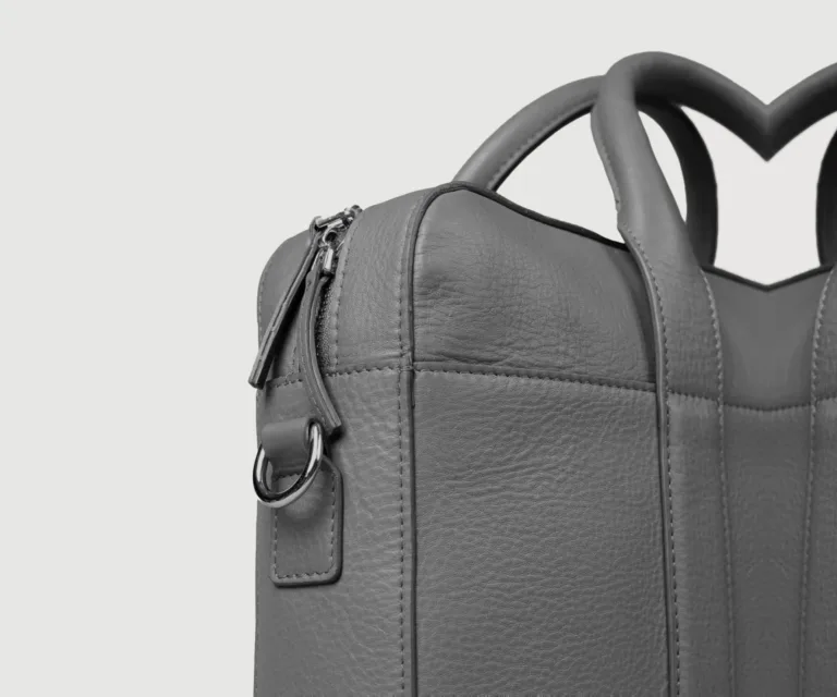 The Captain Grey Leather Briefcase Luxury Handcrafted Leather Bag — Scale & Carrying Perspective Presentation