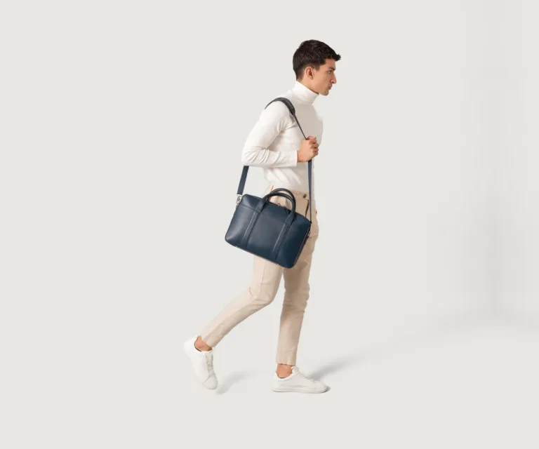 The Captain Midnight Blue Leather Briefcase — Quarter Angle Perspective