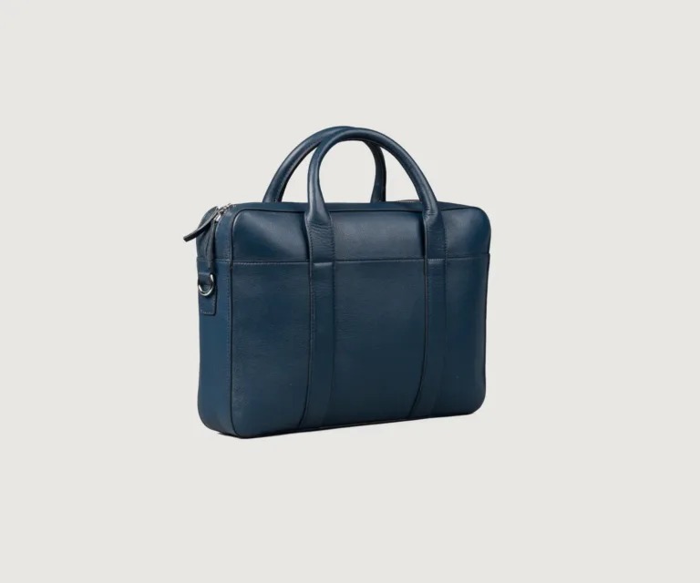 The Captain Midnight Blue Leather Briefcase — Rear Profile View