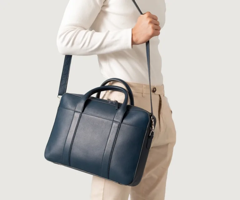 The Captain Midnight Blue Leather Briefcase — Editorial Presentation View