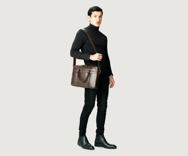 The Captain Vintage Brown Leather Briefcase Luxury Handcrafted Leather Bag — Three-Quarter Perspective & Silhouette