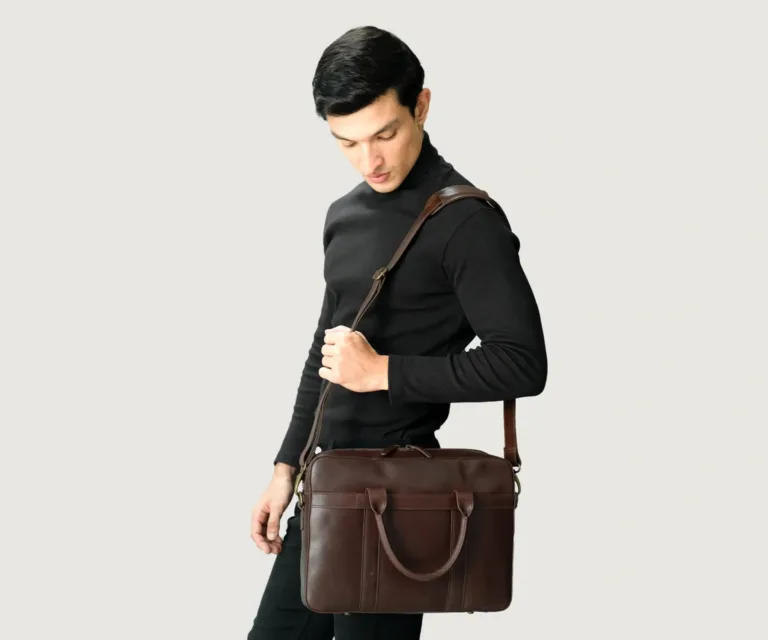 The Captain Vintage Brown Leather Briefcase Luxury Handcrafted Leather Bag — Scale & Carrying Perspective Presentation