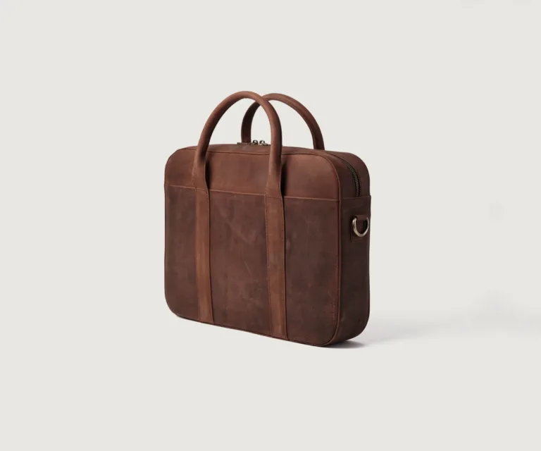 The Captain Vintage Distressed Brown Leather Briefcase Luxury Handcrafted Leather Bag — Rear Profile & Trolley Strap Reinforcement