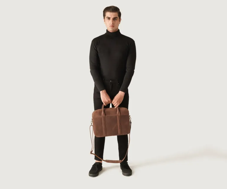 The Captain Vintage Tan Brown Leather Briefcase Luxury Handcrafted Leather Bag — Three-Quarter Perspective & Silhouette