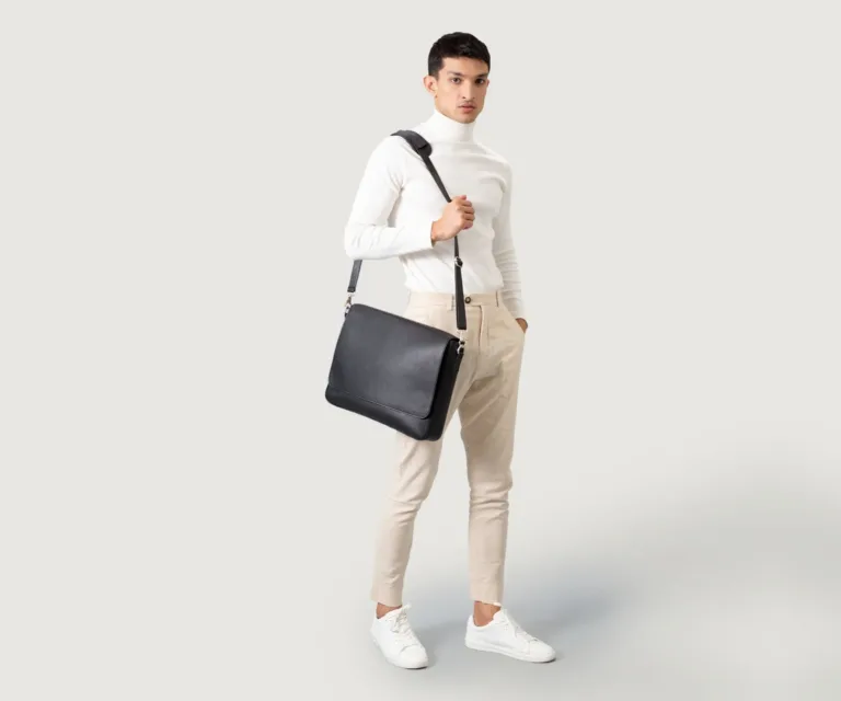 The Carismatico Black Leather Messenger Bag — Quarter Angle Profile Detail