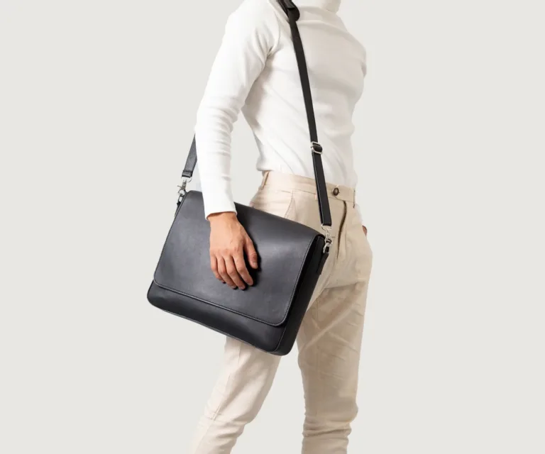 The Carismatico Black Leather Messenger Bag — Full Editorial Model Presentation