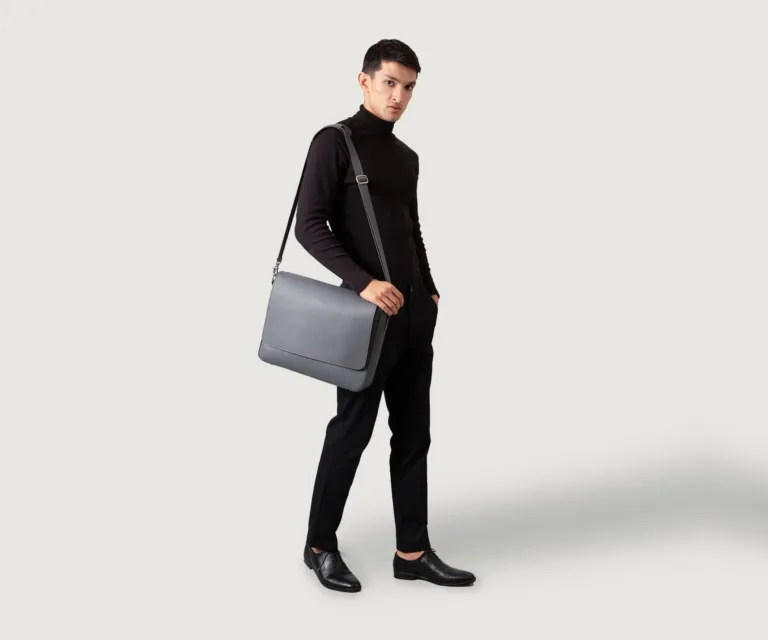 The Carismatico Grey Leather Messenger Bag — Quarter Angle Profile Detail