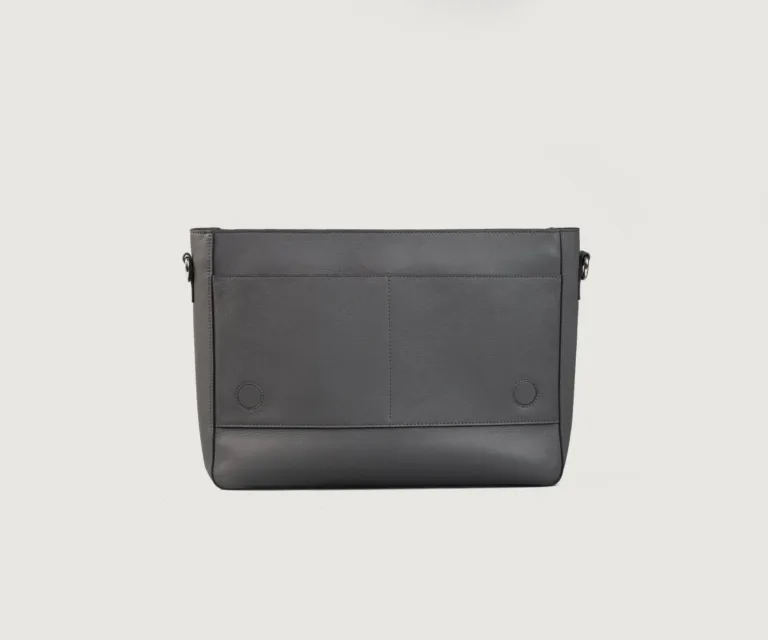 The Carismatico Grey Leather Messenger Bag — Macro Detail Grain, Stitching & Hardware