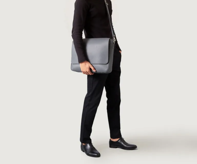 The Carismatico Grey Leather Messenger Bag — Full Editorial Model Presentation