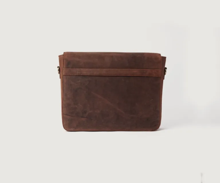 The Carismatico Vintage Distressed Brown Leather Messenger Bag Luxury Handcrafted Leather Bag — Rear Profile & Trolley Strap Reinforcement
