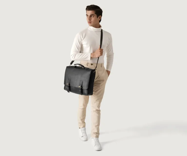 The Cristoph Black Leather Messenger Bag Luxury Handcrafted Leather Bag — Three-Quarter Perspective & Silhouette