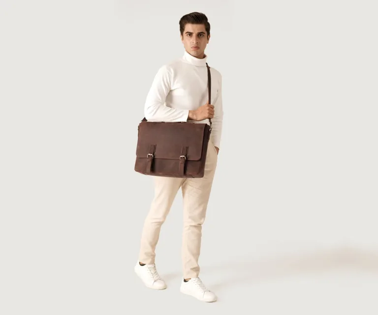 The Cristoph Vintage Distressed Brown Leather Messenger Bag Luxury Handcrafted Leather Bag — Three-Quarter Perspective & Silhouette