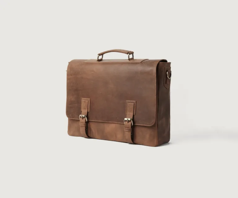 The Cristoph Vintage Tan Leather Messenger Bag Luxury Handcrafted Leather Bag — Rear Profile & Trolley Strap Reinforcement