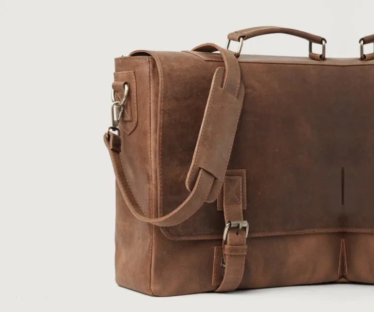 The Cristoph Vintage Tan Leather Messenger Bag Luxury Handcrafted Leather Bag — Scale & Carrying Perspective Presentation