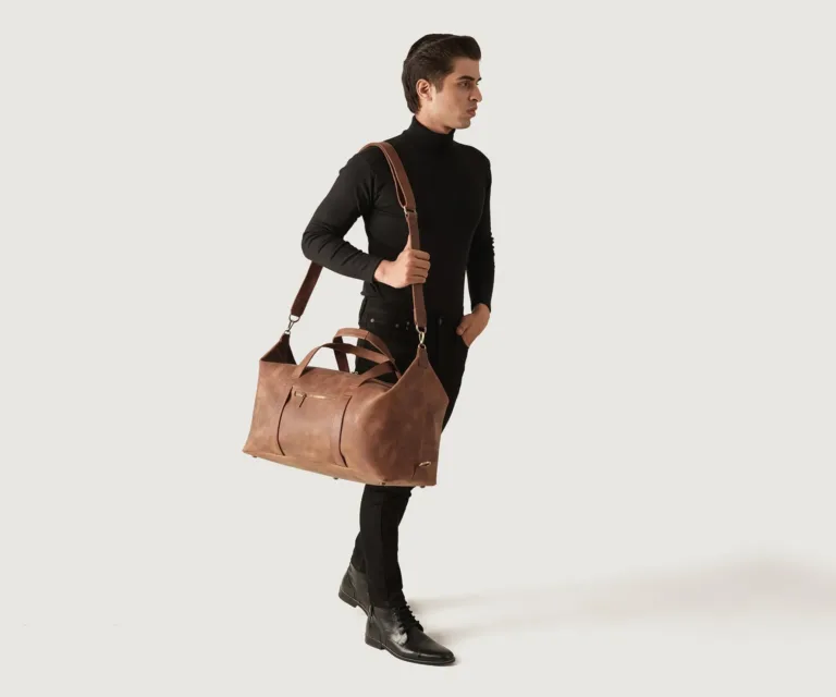 The Dale Vintage Tan Brown Leather Duffle Bag Luxury Handcrafted Leather Bag — Three-Quarter Perspective & Silhouette