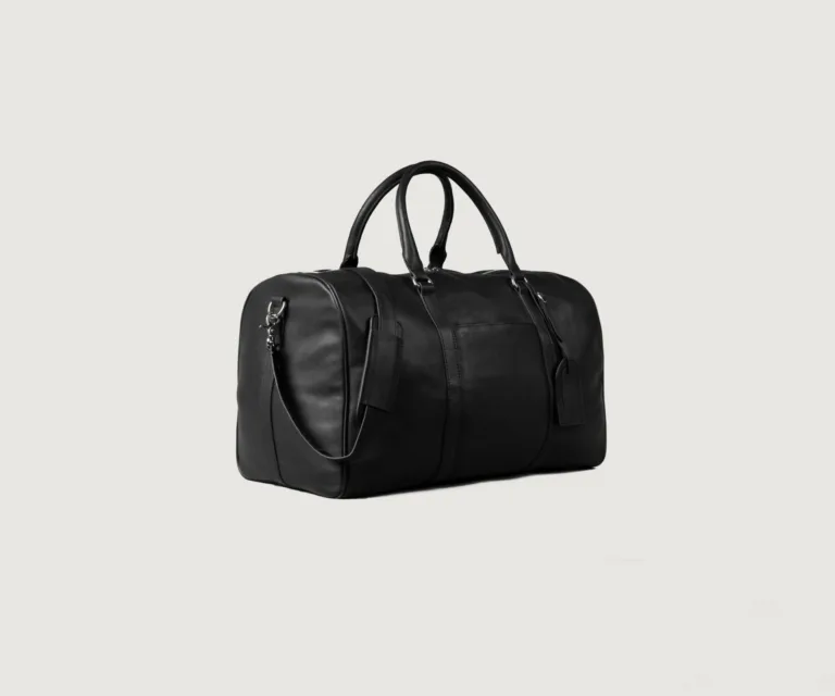 The Darrio Black Leather Duffle Bag — Front Architectural & Material Detail