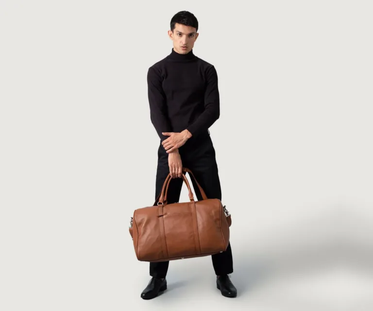 The Darrio Brown Leather Duffle Bag Luxury Handcrafted Leather Bag — Three-Quarter Perspective & Silhouette