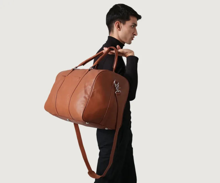 The Darrio Brown Leather Duffle Bag Luxury Handcrafted Leather Bag — Rear Profile & Trolley Strap Reinforcement