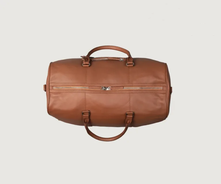 The Darrio Brown Leather Duffle Bag Luxury Handcrafted Leather Bag — Scale & Carrying Perspective Presentation