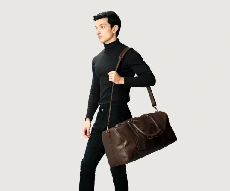 The Darrio Vintage Brown Leather Duffle Bag Luxury Handcrafted Leather Bag — Rear Profile & Trolley Strap Reinforcement