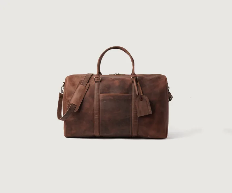 The Darrio Vintage Distressed Brown Leather Duffle Bag Luxury Handcrafted Leather Bag — Front Exterior Hero Presentation