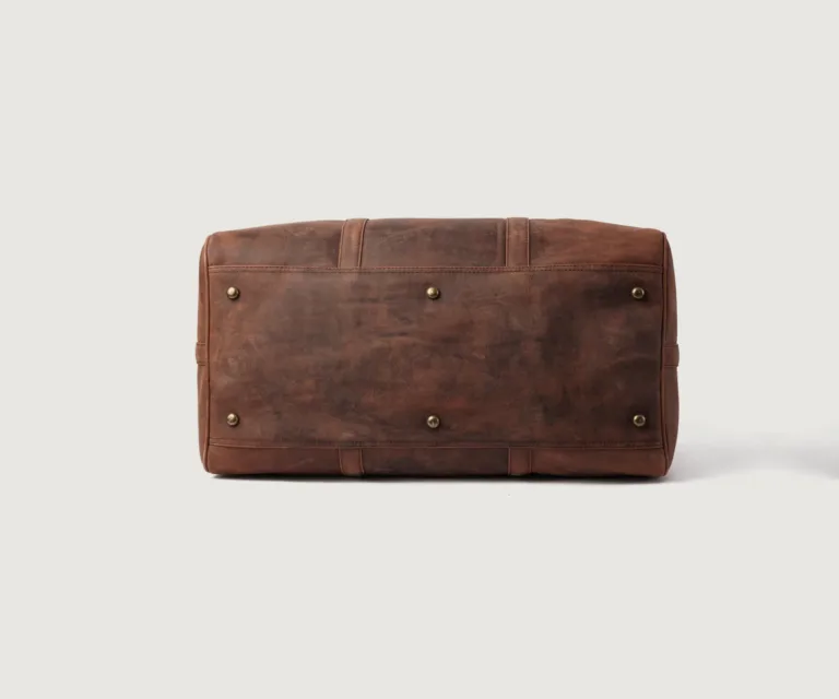 The Darrio Vintage Distressed Brown Leather Duffle Bag Luxury Handcrafted Leather Bag — Rear Profile & Trolley Strap Reinforcement