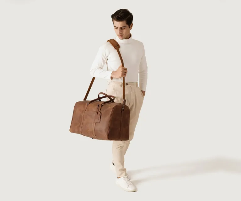 The Darrio Vintage Tan Brown Leather Duffle Bag Luxury Handcrafted Leather Bag — Three-Quarter Perspective & Silhouette