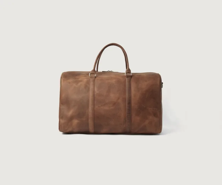 The Darrio Vintage Tan Brown Leather Duffle Bag Luxury Handcrafted Leather Bag — Rear Profile & Trolley Strap Reinforcement