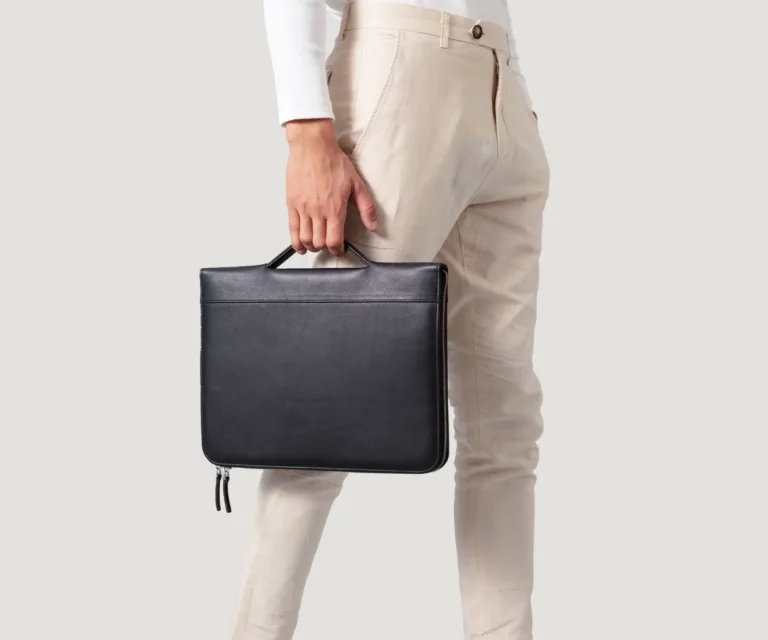 The Eclectic Black Leather Folio Organizer Luxury Handcrafted Leather Bag — Three-Quarter Perspective & Silhouette