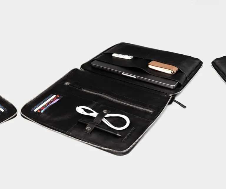 The Eclectic Black Leather Folio Organizer Luxury Handcrafted Leather Bag — Rear Profile & Trolley Strap Reinforcement