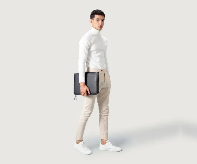 The Eclectic Black Leather Folio Organizer Luxury Handcrafted Leather Bag — Scale & Carrying Perspective Presentation