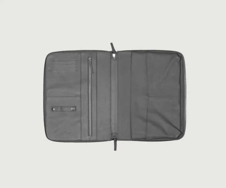 The Eclectic Grey Leather Folio Organizer Luxury Handcrafted Leather Bag — Rear Profile & Trolley Strap Reinforcement