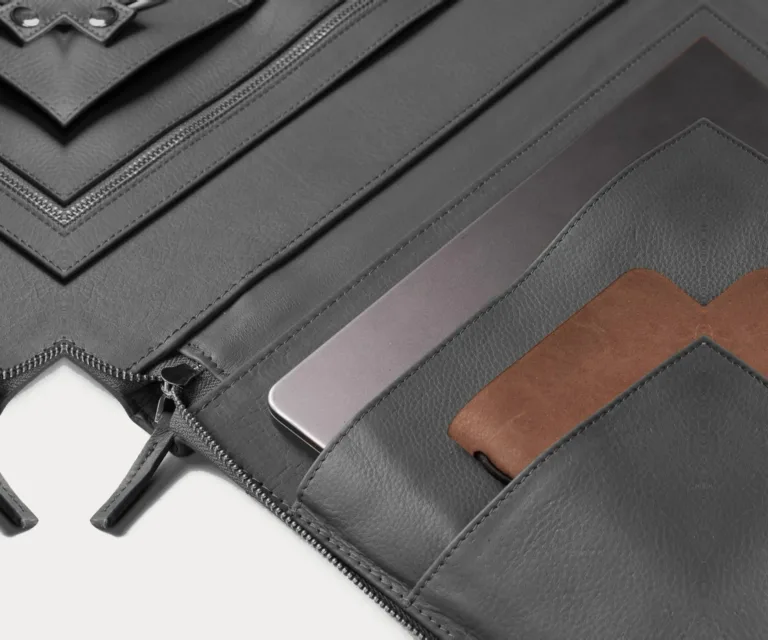 The Eclectic Grey Leather Folio Organizer Luxury Handcrafted Leather Bag — Scale & Carrying Perspective Presentation